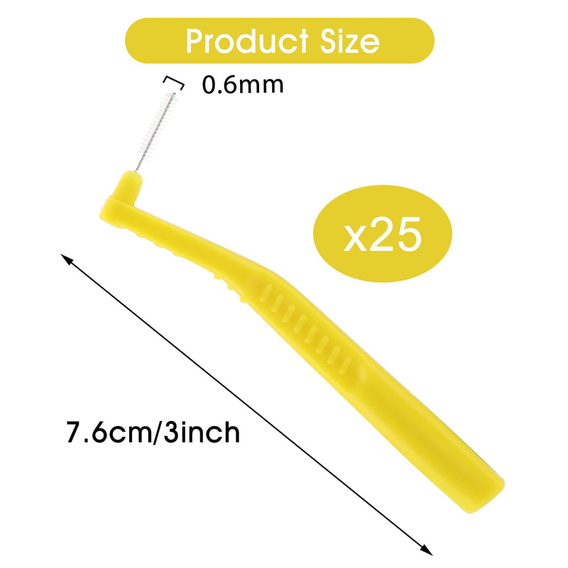 [Australia] - Prasacco Pack of 25 Interdental Brushes, 0.6mm L-Shaped Interdental Brushes Plastic Portable Interdental Brushes with Non-Slip Handle for Teeth Cleaning and Oral Care (Yellow) Yellow 