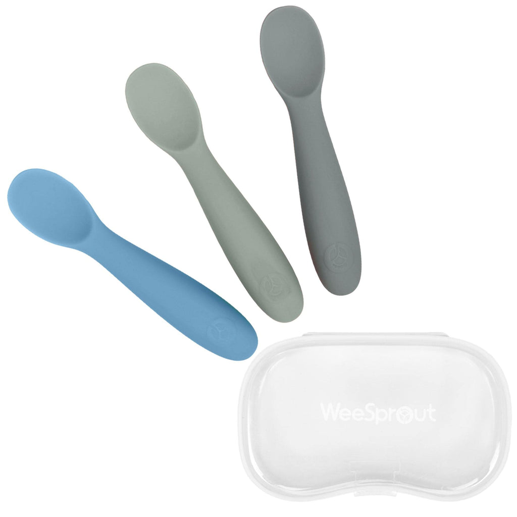 WeeSprout Baby Spoons for Self Feeding 6 Months +, Soft & Chew Proof Durable Silicone Utensils for Sensitive Gums & Teeth, Easy Grip Handles & Shorter Length for Little Hands, 3 Pack + Carrying Case Matte Dark Gray, Matte Blue, Matte Green