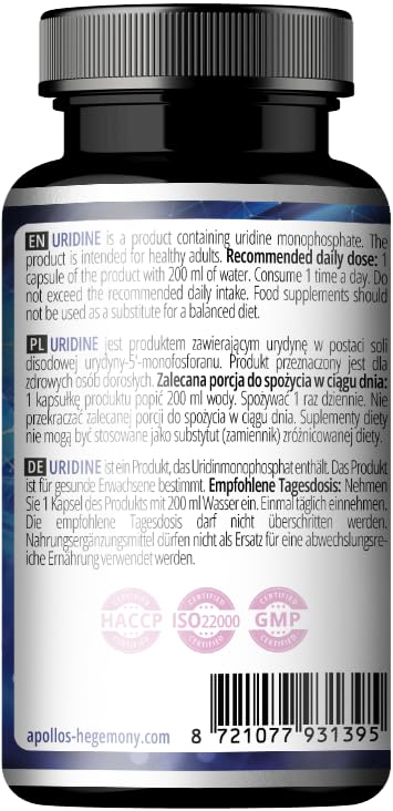 Uridine 250 mg - UMP Disodium Salt, 60 Vegan Capsules | 60-Day Supply | Nervous System Support & Cellular Health - by Apollo's Hegemony