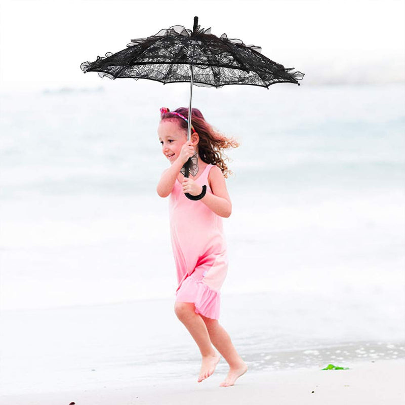 Fdit Bridal Lace Cotton Umbrella Parasol Costume for Wedding Parties Dancing Photography Prop(Black)