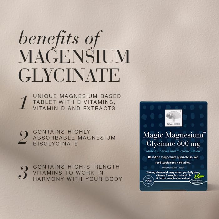 New Nordic Magnesium Glycinate, 600 mg Extra Strength, Sleep & Muscle Support for Women & Men, Pine Bark & Long Pepper Extract, 60 Tablets (Pack of 1) 60 Tablets (Pack of 1)