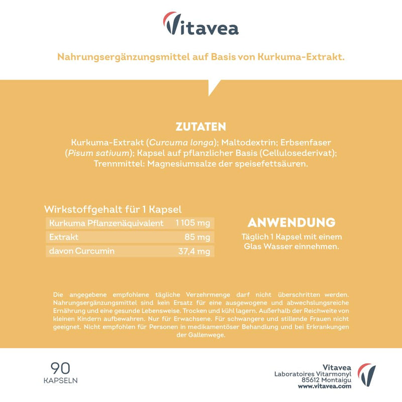 [Australia] - Turmeric Extract with Curcumin - 1105 mg Turmeric - High Dose Turmeric Capsules - 90 Capsules - 90 Days - Vitavea 