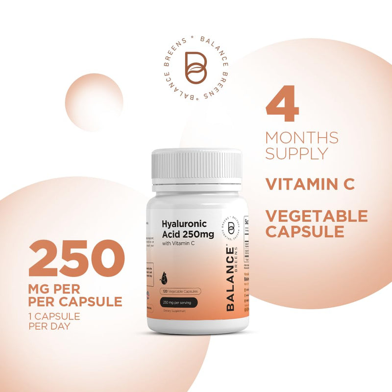 [Australia] - Pure Hyaluronic Acid Supplements 250mg with Vitamin C 50mg - 120 Vegan Capsules - Skin Hydration for Natural Glow - Pure HA Supplement w/Hair, Nails, Bone & Joint Health Formula 120 Count (Pack of 1) 