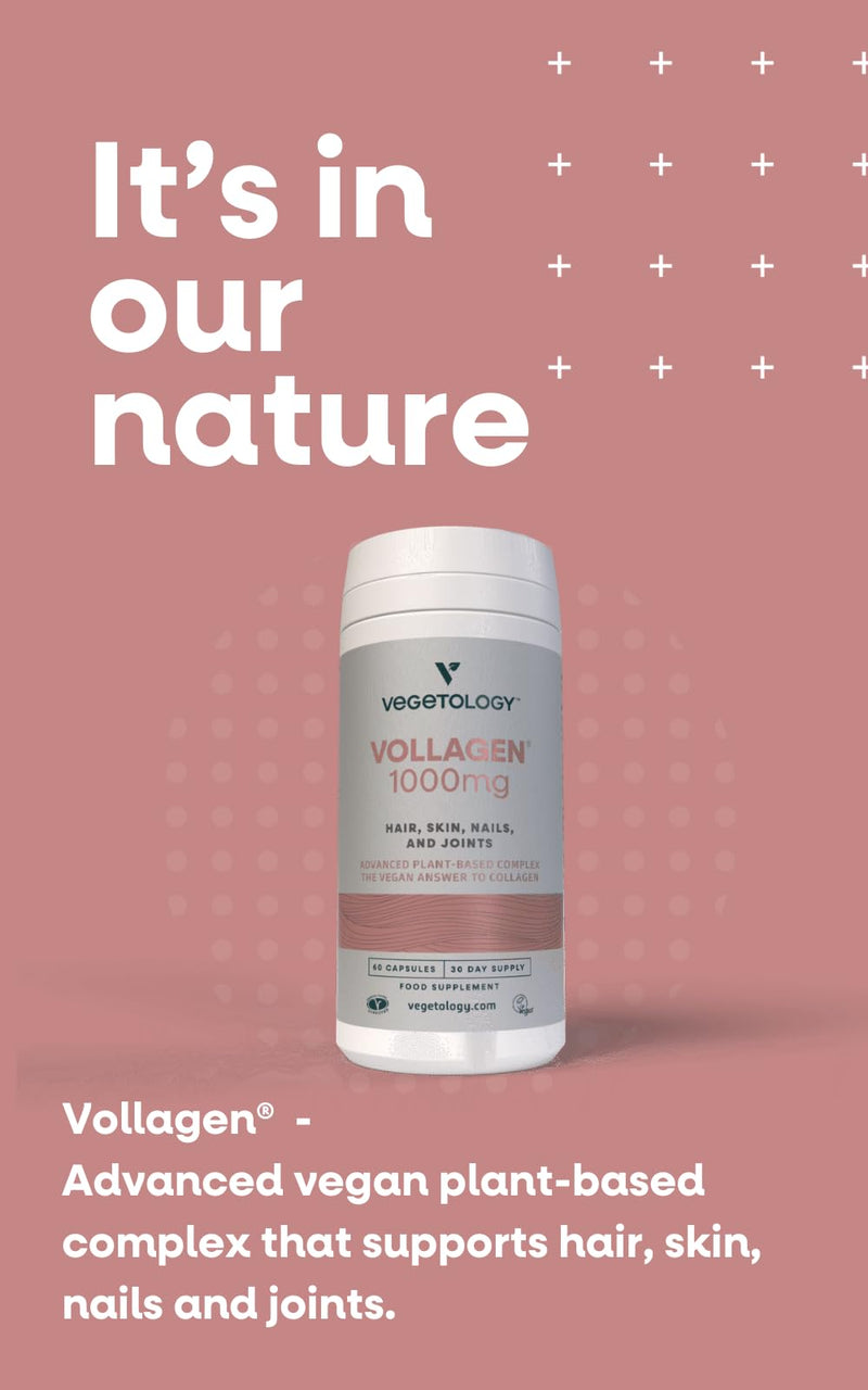 Vegetology Vollagen, Vegan Collagen Supplements for Women, and Men, Plant Based Complex, Amazing Skin Hair and Nails Vitamins, Vegetarian Protein, Joint Care, 1000mg, 60 Tablets, UK Made