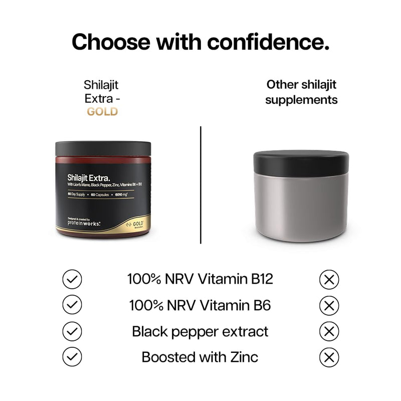 Shilajit Extra - Gold, with Lion's Mane, Black Pepper, Vitamin B12 & B6, Zinc, High Strength Himalayan Shilajit, Focus, Energy, Immune Support, Vegan, 60 Capsules | Protein Works