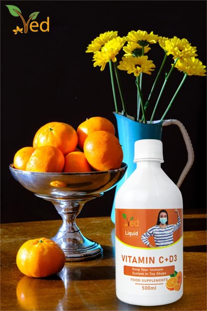 Ved Vitamin C & D3 Liquid Food Supplement for Adults - High Strength Vitamin D & Vitamin C per Dose- Support for Joints, Muscles & Immunity - Vegetarian - Orange Flavour (33 Days Supply)