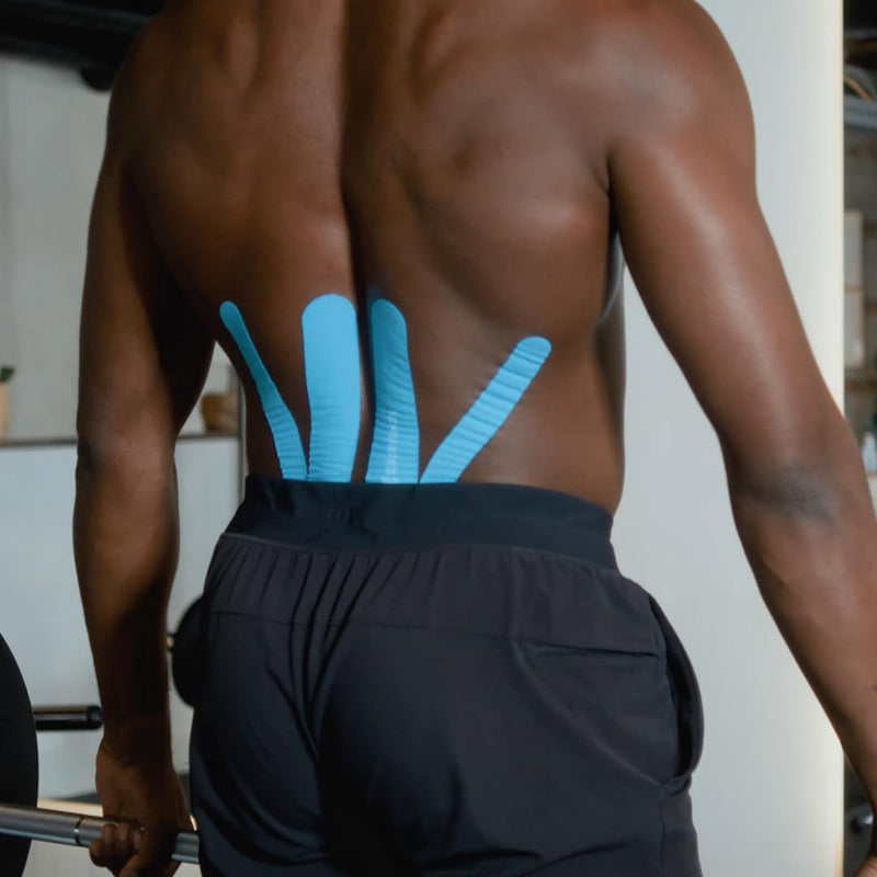 Spidertech Professional Pre-Cut Cotton Kinesiology Tape for Lower Back Pain and Support - for Athletes, Sports Physiotherapists, and Chiropractors, Pain Relief - Blue (4 Pack)