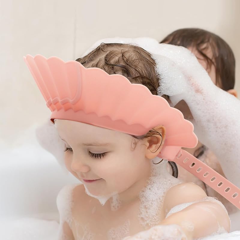 [Australia] - Baby Shower Cap Shield, Pink Bathing Cap Bath Hat Bathing Safe Silicone Protection, Soft Adjustable Visor Hat for Protector Head Eye Ear 
