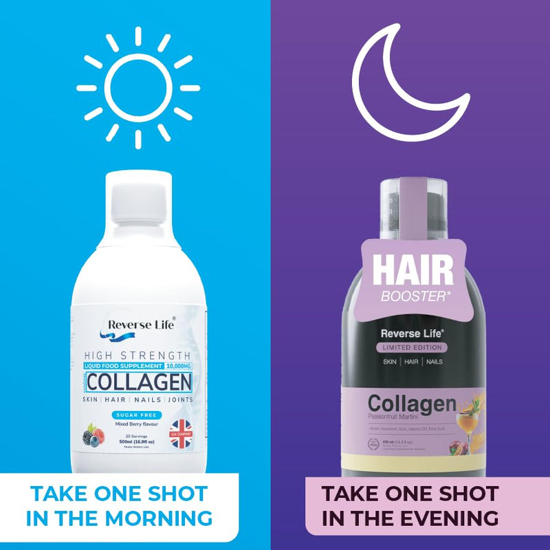 Reverse Life - Limited Edition Passionfruit Martini Hair Booster - 5,000mg Hydrolysed Collagen with Biotin, Zinc, Vitamin C and B12-30-Day Dose - Collagen Supplements - 450ml 30 Day Supply