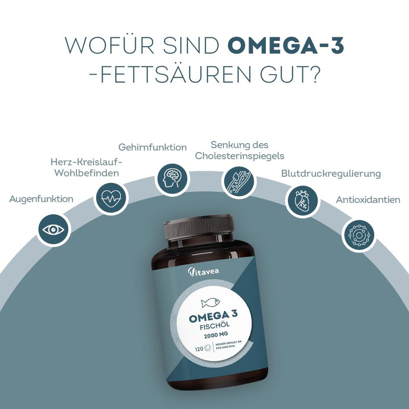 [Australia] - Omega 3 wild fish oil 2000 mg - 1000 mg EPA, 500 mg DHA, 120 Omega 3 capsules high dose - heart & brain function, vision - Vitavea 