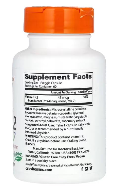[Australia] - Doctor's Best - Natural Vitamin K2 MK7 with MenaQ7 | Supports Bone Health - 45mcg, 60 vegan capsules 