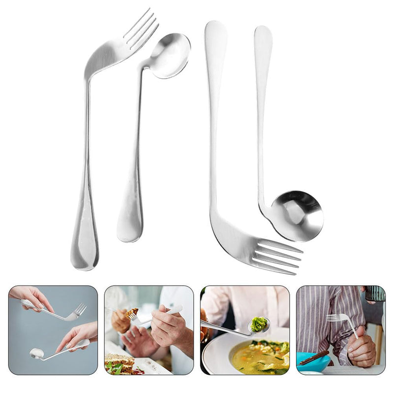 [Australia] - Curved Fork Spoon 1 Set of Angled Fork and Spoon Stainless Steel Elderly Left Handed Anti Shake Eating Utensils Self-feeding Learning Bendable Handle Silverware Angled 