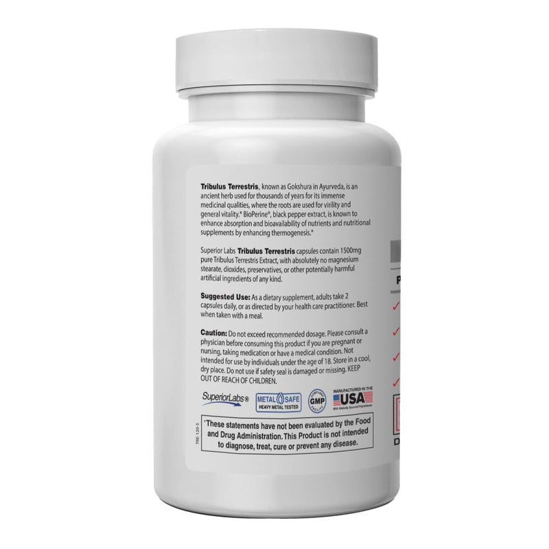 [Australia] - Superior Labs - Tribulus Terrestris - Performance Support & Cortisol Blocker with 45% Saponins, High Potency & Pure 1500mg Dosage, 180 Vegetable Caps - Supports Vitality - with Added BioPerine¬Æ 