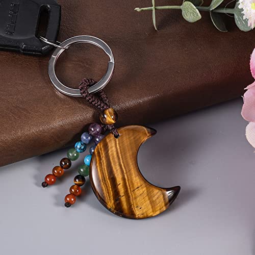 moonsix Crystal Crescent Moon Keychain with 7 Chakra Beads Brown #1 Tiger’s Eye Stone