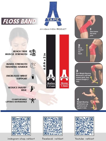 A-TAPE Muscle Floss Bands (5’ Ft Long X 2” inch Width)- Compression Bands - for Improving Movement, Increasing Circulation & Reducing Soreness (Red (Heavy) + Black (Medium))