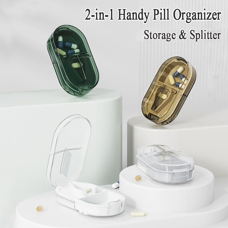 Travel Pill Organizer Cutter Box, 2 Compartments Tablet Splitter | Daily Pill Case, Small Vitamin Planner Sorter for Pocket Purse, Mini Medicine Supplement Fish Oil Capsule, Transparent Green Grey
