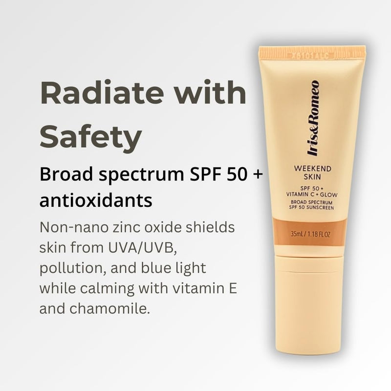 IRIS&ROMEO Weekend Skin SPF 50 – Warm Glow, Mineral Sunscreen with Vitamin C & Niacinamide for Dewy Golden Finish, 1.18 fl oz