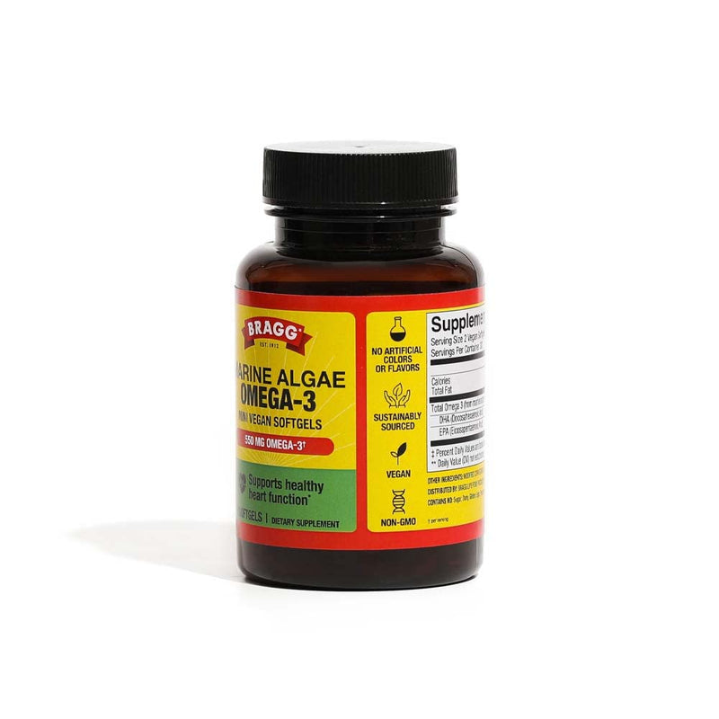 [Australia] - Bragg Vegan Omega 3 Supplement – Sustainably Sourced Marine Algae – Helps Support Brain, Eye & Heart Health - includes EPA & DHA Fatty Acids – Non-GMO - 60 Softgels 