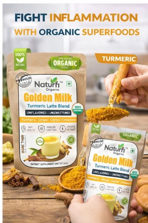 Naturfi Organic Golden Milk Powder with Turmeric, Ceylon Cinnamon, Ginger & Black Pepper | Anti-Inflammatory Turmeric Latte | Ayurvedic Blend | Unsweetened, Vegan, Non-GMO, Keto | 120 Servings, 150g
