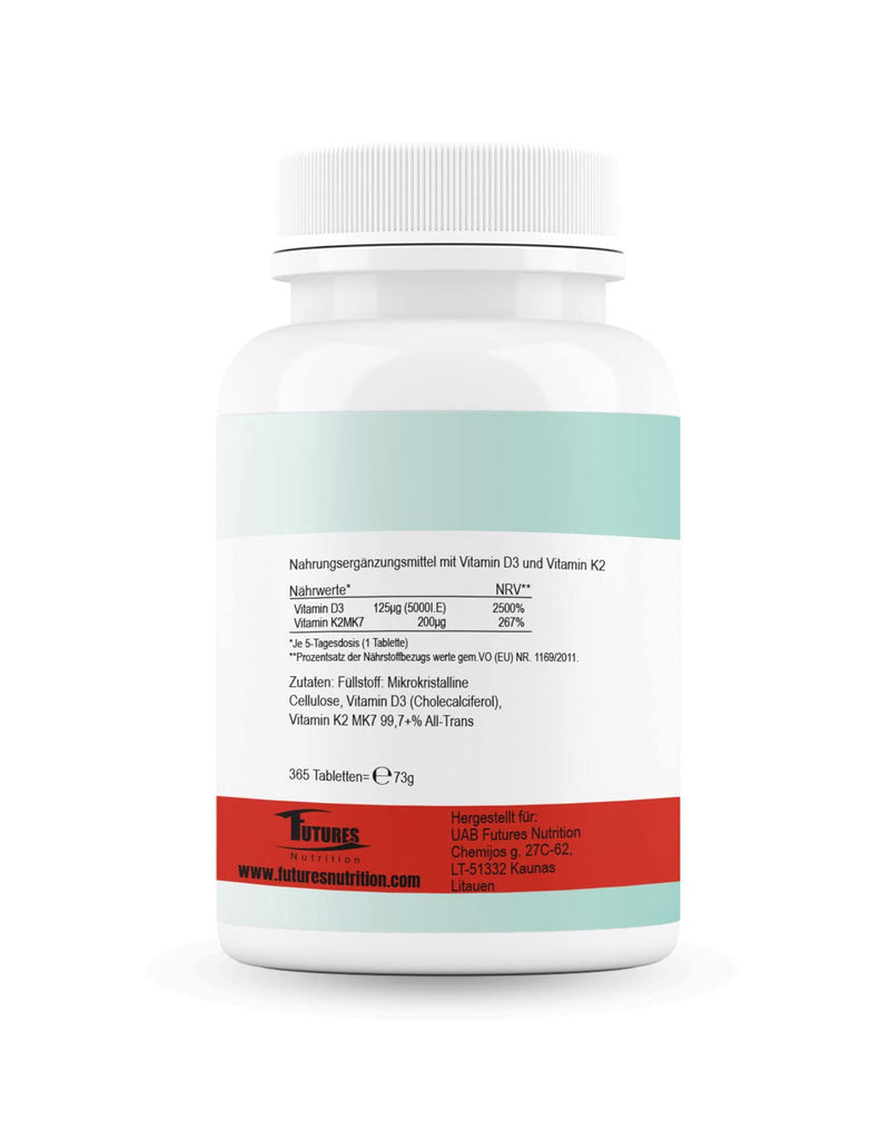 [Australia] - FUTURES NUTRITION 5000 IU Vitamin D3 K2 High Dose | Vegan | Best bioavailability with 99.7+% All-Trans content | Only 1 tablet every 5 days | Laboratory tested purity | 365 tablets 365 pieces (pack of 1) 