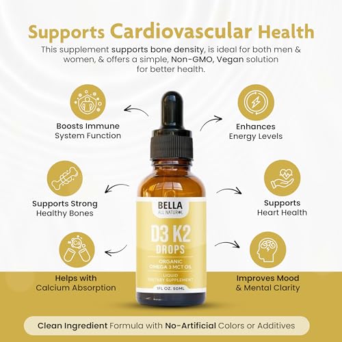 Bella All Natural Vitamin D3 K2 Liquid Drops 5000 IU Morning & Evening Drops Pack of 2 | These Vitamin D3 K2 Drops Help Support Heart, Bone & Immune Health