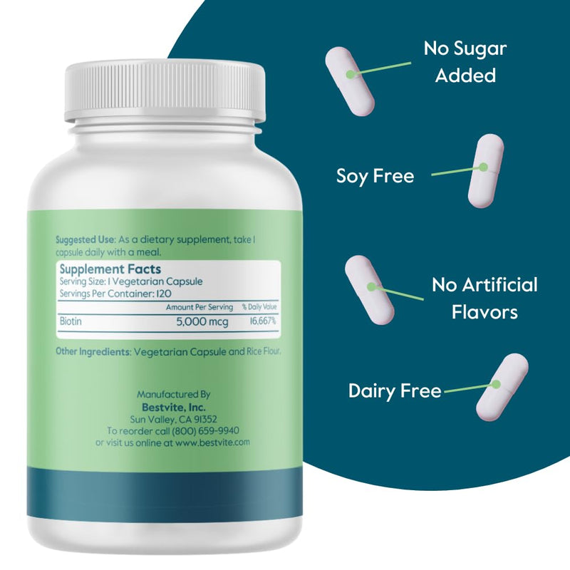 BESTVITE Biotin 5000mcg (240 Vegetarian Capsules) (120 x 2) - No Stearates - No Flow Agents - Vegan - Non GMO - Gluten Free - Hair, Skin, Nails 1 Count (Pack of 240)