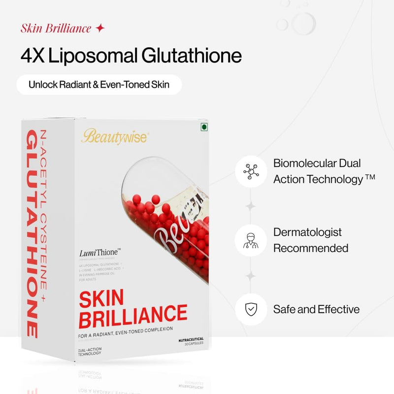 Dual Action Skin Brilliance 4X Liposomal Glutathione with Nac | Dual Action 30 Capsules | L-Lysine,Grape Seed & Vitamin C | Skin Brightening & Glow | Men & Women (30 Count (Pack of 1)) 30 count (Pack of 1)