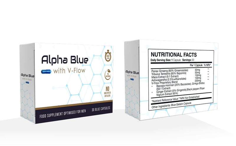 Alpha Blue with V Flow | Optimised for Men | 30 Capsules | Fast Acting | All Natural | No Side Effects or Fillers | Ginseng | Ashwagandha | Maca | Ginger | V Pill 30 count (Pack of 1)