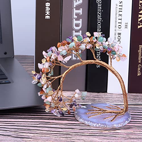 SUNYIK Natural 7 Chakra Crystal Tree with Agate Slice Base 5in Rainbow Color
