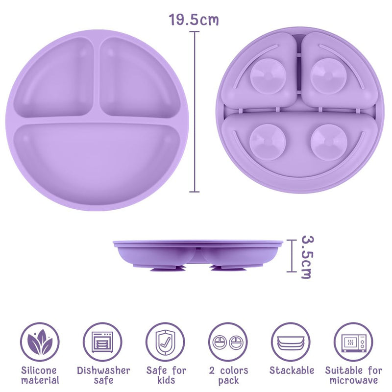 [Australia] - Vicloon Suction Plates, 2 Pcs Baby Toddler Plate Silicone, BPA Free Divided Plate, Divided Plate Design,Silicone Grip Dish Microwave & Dishwasher Safe pink & dark purple*2PCS 