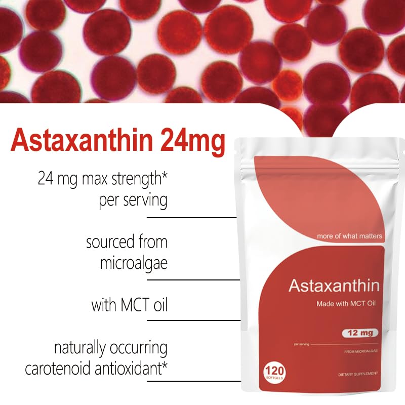 Astaxanthin 12mg Softgels with MCT Oil, 120 Softgels, Natural Astaxanthin from Microalgae, Non-GMO Formula, Daily Food Supplement for Adults, 120 Day Supply