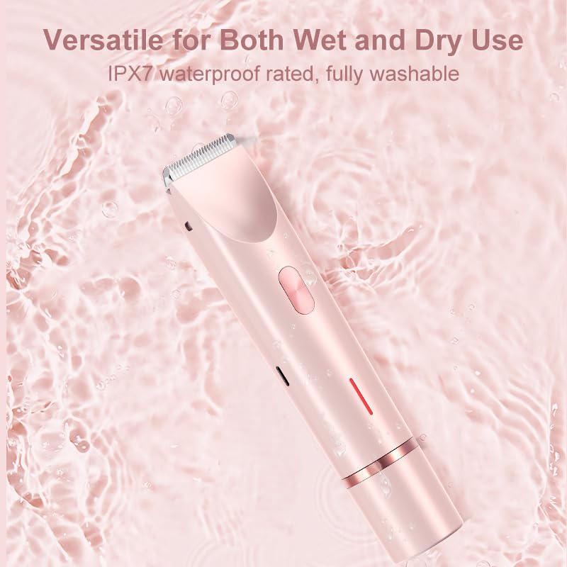Bikini Trimmer for Women Electric Razors for Women, Double Head Dual Purpose, IPX7 Waterproof Hair Razor, Ceramic Blade Hair Trimmer Wet & Dry Use, Painless Electric Shaver for Facial and Body (Pink) Pink