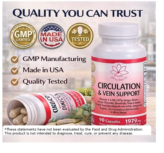 Circulation & Vein Support Supplement - Vitamins E & B3, Ginkgo Biloba, Horse Chestnut, Gotu Kola, Grape Seed, Butcher's Broom & Citrus Bioflavonoids - 1979 mg Formula - 90 Capsules - 30 Days Supply.