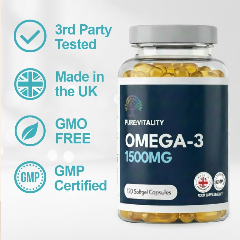 Pure Vitality | Omega-3 Fish Oil 1500mg per Serving – 800mg EPA & 600mg DHA – 120 Softgels