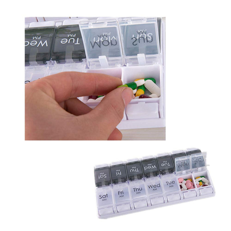Pill Box Organiser 7-Day Weekly for AM PM Day Night Twice a Day, Pill Case with 14 Compartments for Vitamin Capsule Supplements Press Open Black-White (2time1day-blk)
