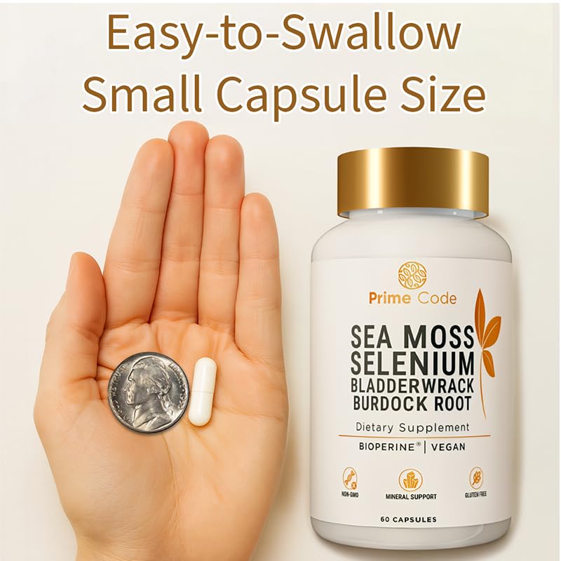 Prime Code Sea Moss Capsules with Selenium – 3-in-1 Blend with Bladderwrack & Burdock Root – Supports Immune Health & Daily Wellness – Vegan – 60 Capsules