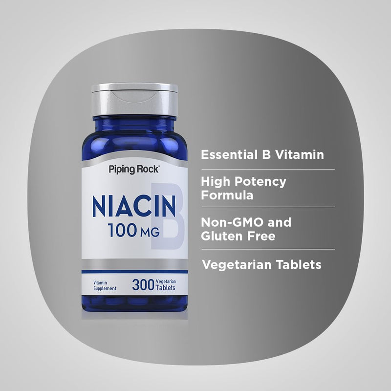 Piping Rock Niacin 100mg | 300 Tablets | Nicotinic Acid with Flushing | Vitamin B3 Supplement for Men and Women | Vegetarian, Non-GMO, Gluten Free