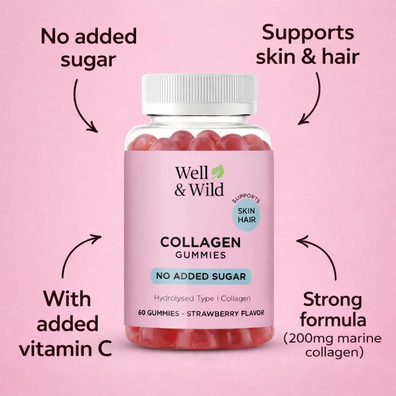 Well & Wild Collagen Gummies with Vitamin C – Marine Collagen Supplement for Skin & Hair Support – No Added Sugar – Strawberry Flavour – 60 Gummies (30 Day Supply)