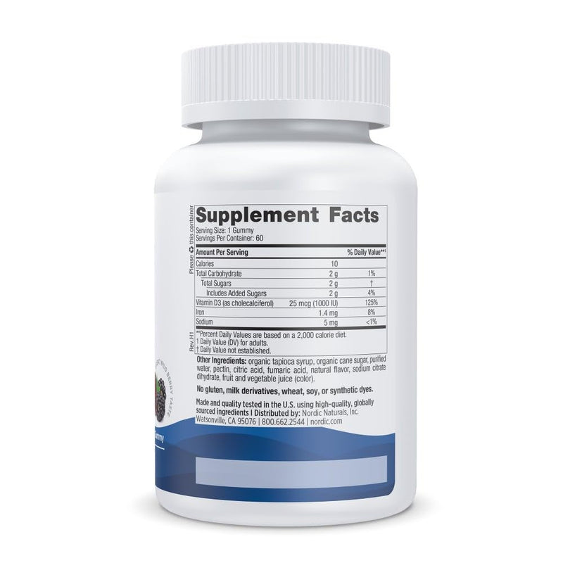 Nordic Naturals Vitamin D3 Gummies, Wild Berry - 60 Gummies - 1000 IU Vitamin D3 - Great Taste - Healthy Bones, Mood & Immune System Function - Non-GMO - 60 Servings | 1000 IU vitamin D3 plus 1.4 mg iron per gummy supports healthy bones, mood, and immu...
