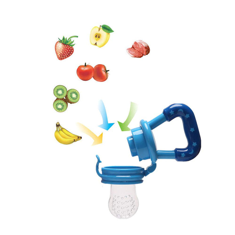 [Australia] - Food Feeder Baby Fruit Pacifier (3 Pcs) with 6 Different Sized Silicone Pacifiers 2 PCS Dispensing Spoon 90ML Spoons Clip Infant Teething Toy -Blue Blue & Green 