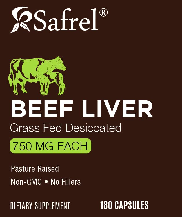 Safrel Grass Fed Desiccated Beef Liver Capsules – Pasture Raised – Undefatted 750mg Each | No Fillers | Natural Iron, Vitamin A, B12 for Energy | Non-GMO | Hormone & Pesticide Free | Gluten-Free