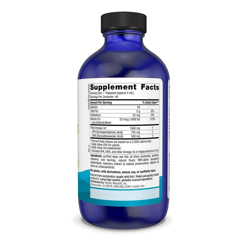 Nordic Naturals Omega-3 Liquid w/Vitamin D3, 1560mg EPA & DHA - 8oz | High-potency omega-3D liquid Omega-3 + 1000 IU Vitamin D3 per serving. Lemon-flavored. Heart, brain, bone & immune support.