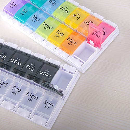 Pill Box Organiser 7-Day Weekly for AM PM Day Night Twice a Day, Pill Case with 14 Compartments for Vitamin Capsule Supplements Press Open Black-White (2time1day-blk)
