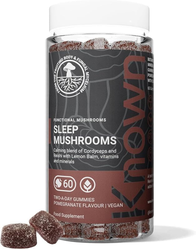 Known Tasty Sleep Mushrooms Gummies - Reishi, Cordyceps, Vitamin B - Reduces Fatigue - Natural Pomegranate Flavour - 60 Vegan Gummies, 1 Month Supply