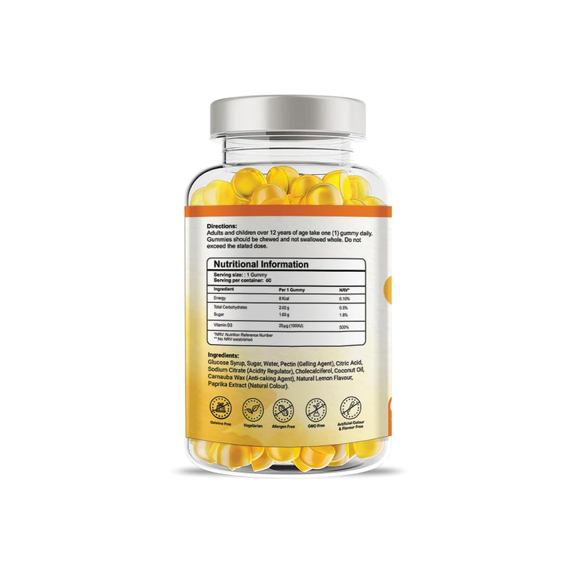 Pharmanostix Vitamin D3 1000iu Gummies - Natural Lemon Flavour Gummies for Teens & Adults - Support Immune Function and Help Maintain Bones and Teeth Helps in Calcium Absorption (60 Gummies)