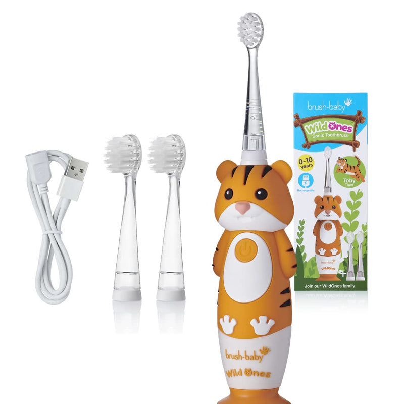 [Australia] - brush-baby WildOnes Kids Electric Rechargeable Toothbrush TIGER, 1 Handle, 3 Brush Heads, USB Charging Cable, for Ages 0-10 (Tiger) 