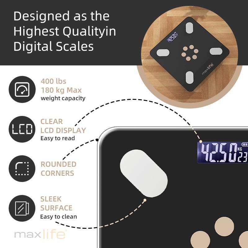 [Australia] - MaxLife Smart Scale for Body Weight, Digital Bathroom Scale BMI Weighing Bluetooth Body Fat Scale, Body Composition Monitor Health Analyzer with Smartphone App, 400 lbs (White 10") White 10" Inch 