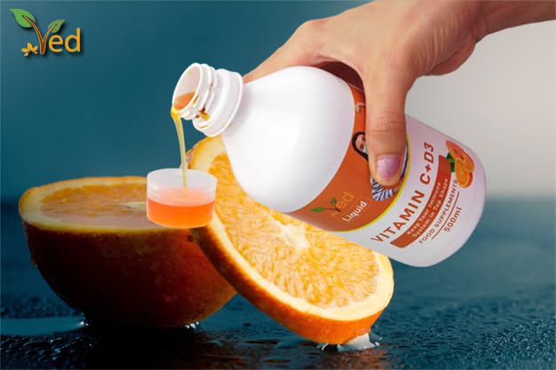 Ved Vitamin C & D3 Liquid Food Supplement for Adults - High Strength Vitamin D & Vitamin C per Dose- Support for Joints, Muscles & Immunity - Vegetarian - Orange Flavour (33 Days Supply)