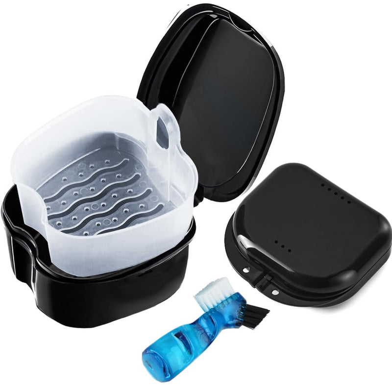 [Australia] - 3 Pack Retainer Cleaner Case Partial Denture Cleaning Case Cup and Brush for invisalign Orthodontic soaking Black 