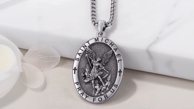 Odinstone Sterling Silver Patron Saint Medal Necklace Religious Amulets A01-Saint Michael-Oval-Silver